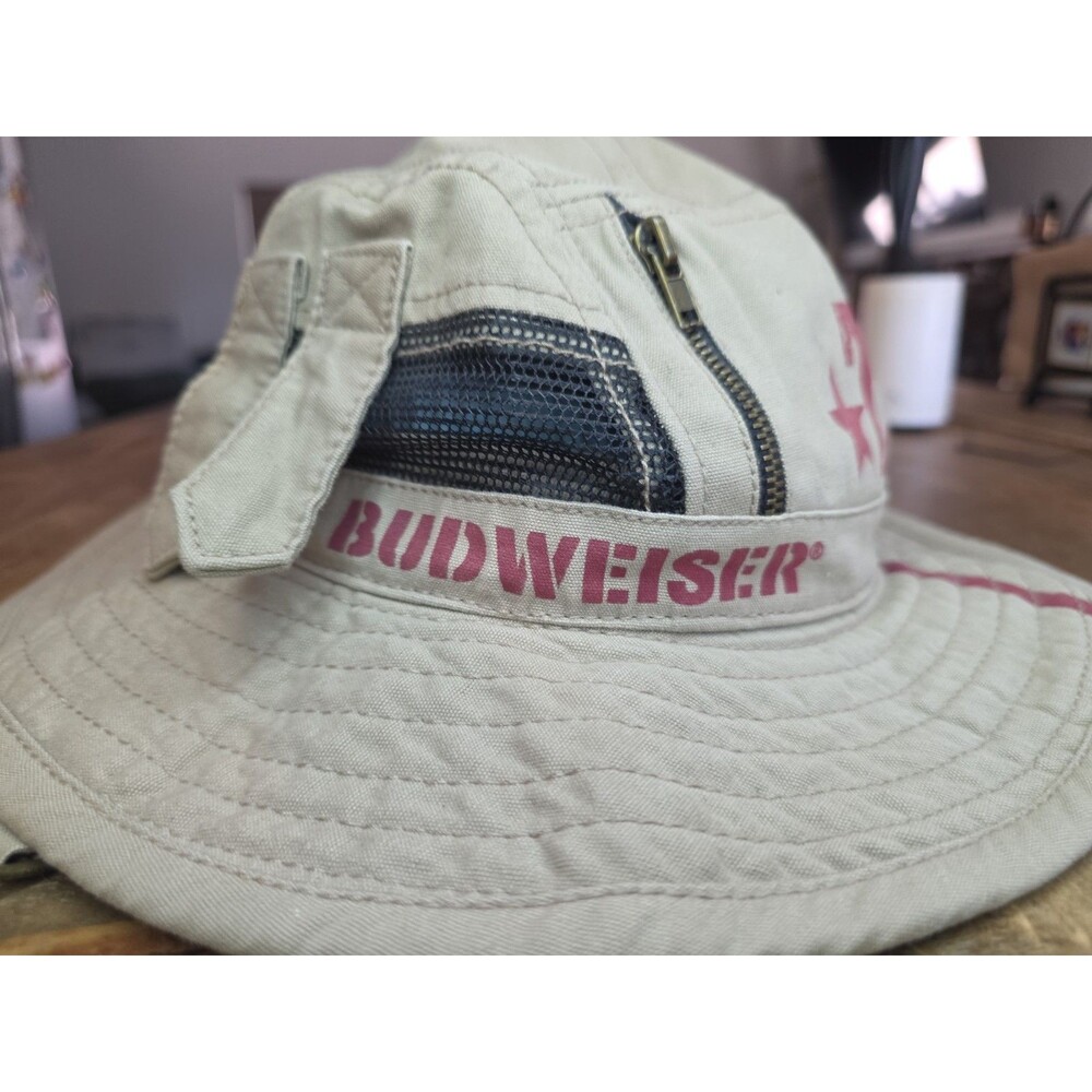 BUDWEISER Bucket Khaki Tan Cotton Blend Sun Hat Cap Hiking Side Snaps OSFM